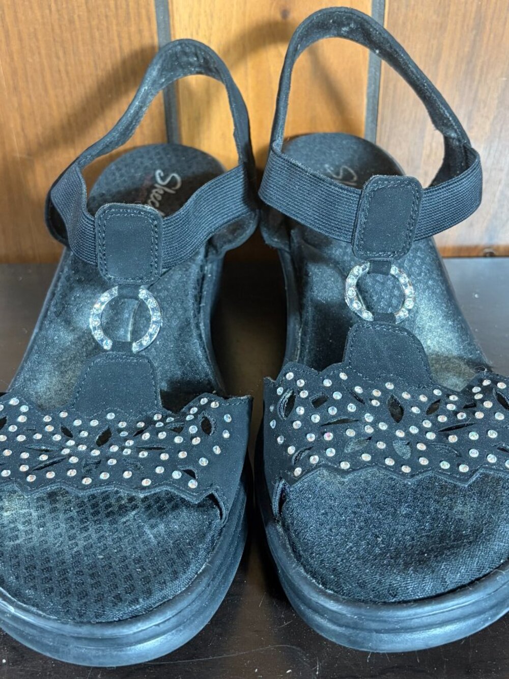 Skechers Sandals Women Sz 10 Black Cali Rumblers Queen B Bling Wedge Slingback - Picture 6 of 9